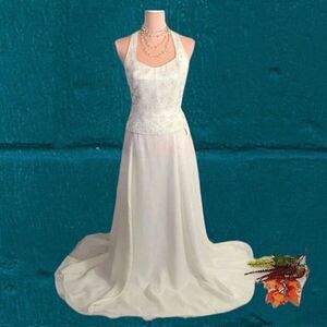 Fleur de lis VTG Ivory Beaded 2 Piece Halter Wedding Dress NWT *Fits Like Med